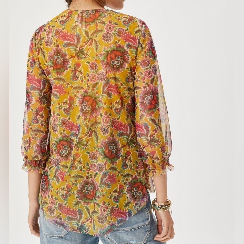 By Anthropologie Medium Gretchen Smocked Floral Print Tunic Top Mesh Mustard - Picture 2 of 11